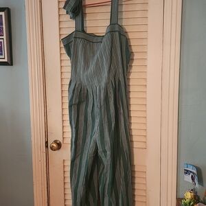 ANTHROPOLOGIE Pleated Green Stripe Linen Jumpsuit Payal Pratap Wide Leg Size 14